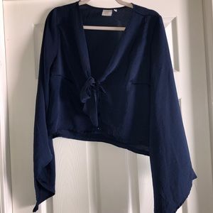 Silk front tie crop top, navy blue